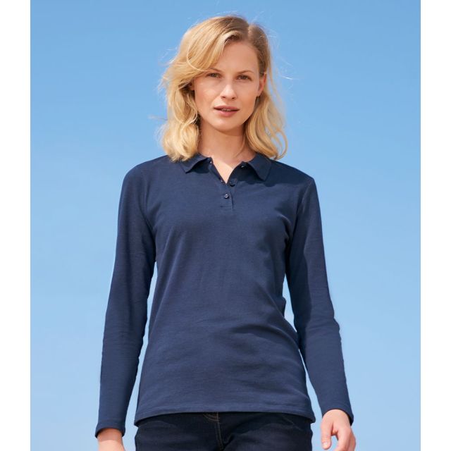 Model wearing Ladies Perfect Long Sleeve Piqué Polo Shirt