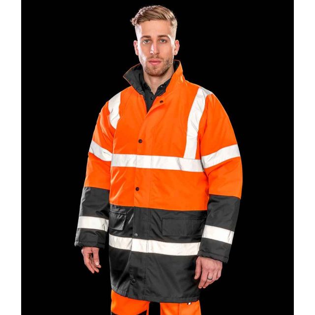 Model wearing Orange Result Safe-Guard Motorway 2-Tone Safety Coat