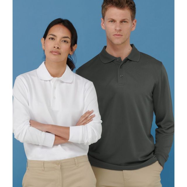 Models wearing Unisex Long Sleeve Coolplus Piqué Polo Shirt